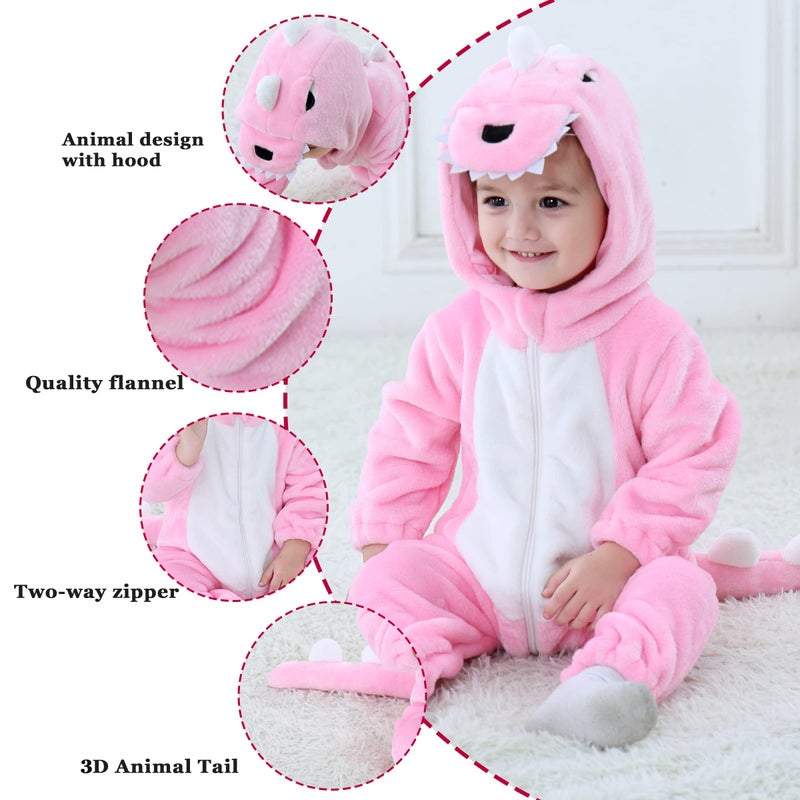 TONWHAR Kids' And Toddlers' Infant Tiger Dinosaur Animal Fancy Dress Costume Outfit Hooded Romper Jumpsuit (2-3 Months/Height:21"-23",Pink Dinosaur) - Image 2